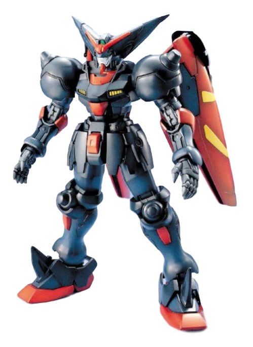Master Grade G Gundam Master Gundam model kit in red, black, and gray with a horned head, standing upright.