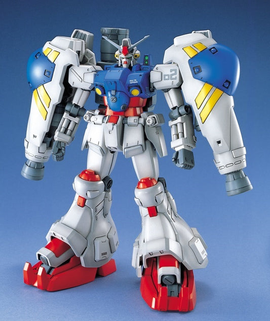 Gunpla MG RX-78GP02A Physalis with blue-white armor, red feet, and mechanical details.