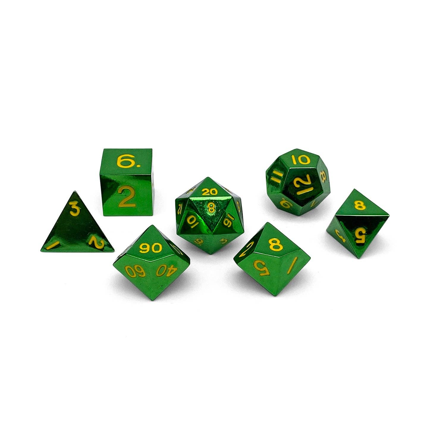 Goblin Horde 7-piece metallic green RPG dice set with gold numbers, for D&D, on white background.