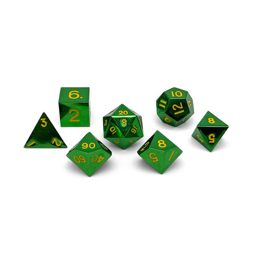 Goblin Horde 7-piece metallic green RPG dice set with gold numbers, for D&D, on white background.