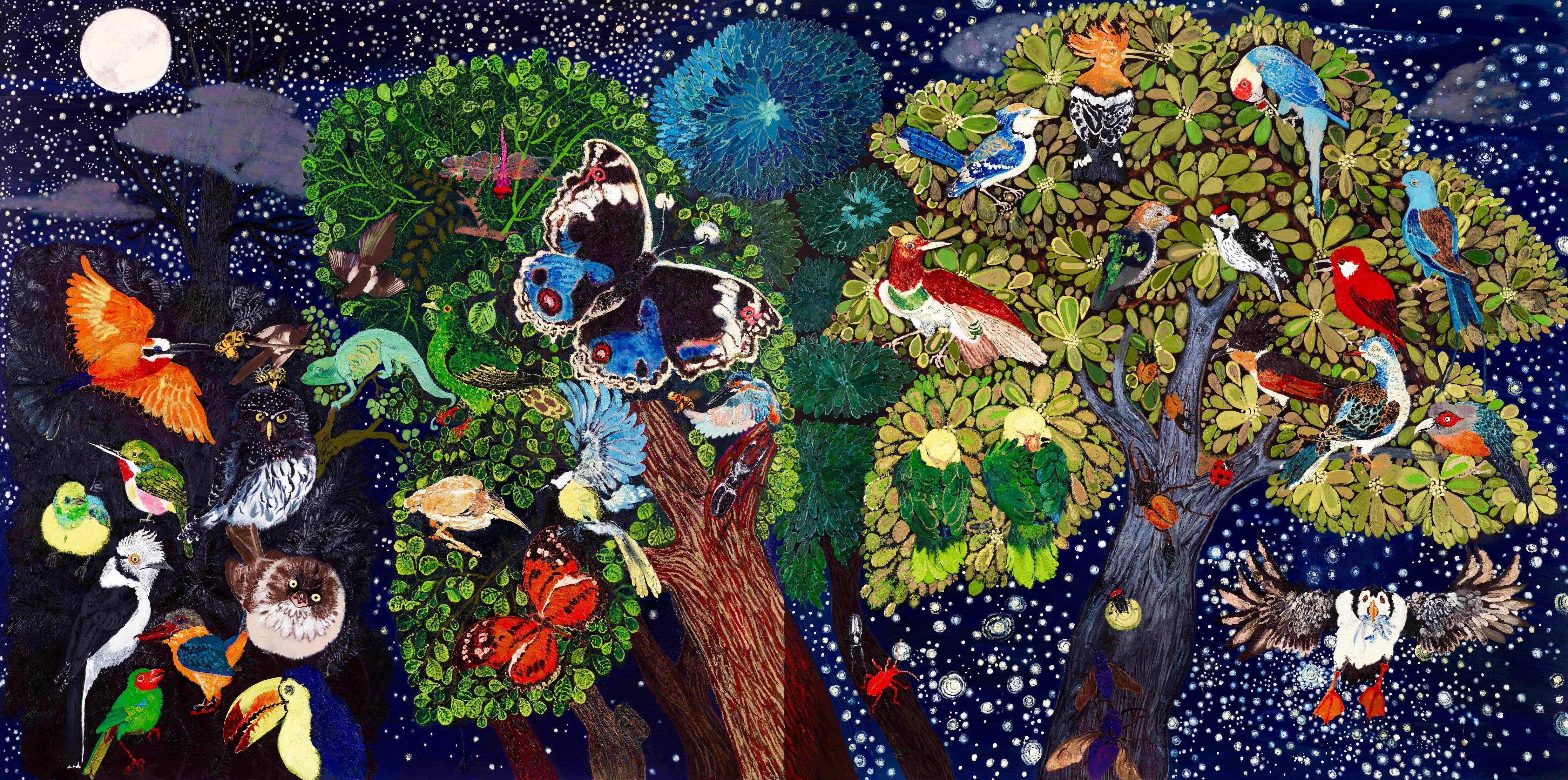 1000-piece Mid Summer Night Dream by Enzhao Liu Puzzle featuring birds, butterflies, owls, and vibrant trees.