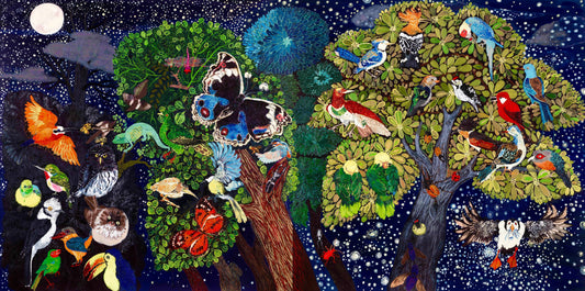 1000-piece Mid Summer Night Dream by Enzhao Liu Puzzle featuring birds, butterflies, owls, and vibrant trees.