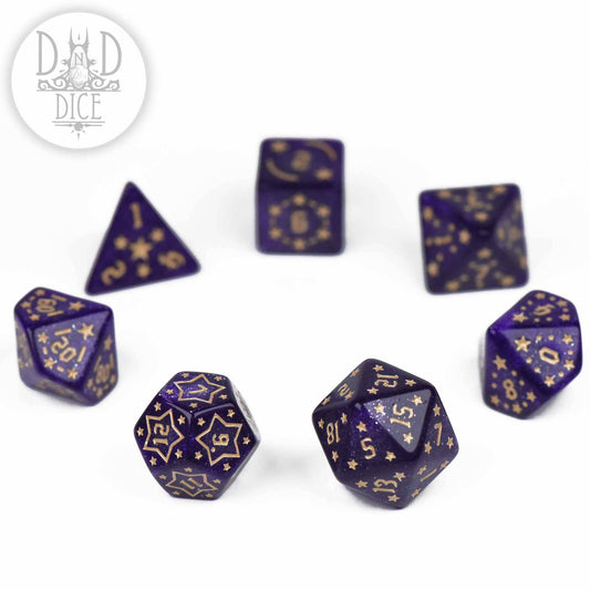 Twinkle Little Star 7-dice set with purple and gold resin DND dice on a white background.