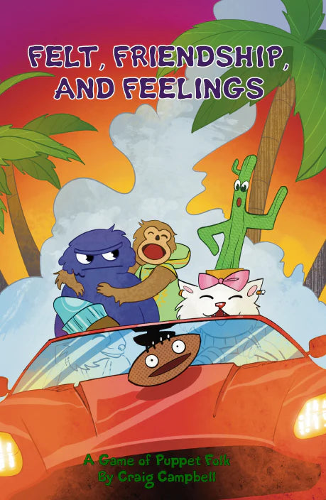Four puppet characters riding in a red convertible at sunset from the game Felt, Friendship, and Feelings.