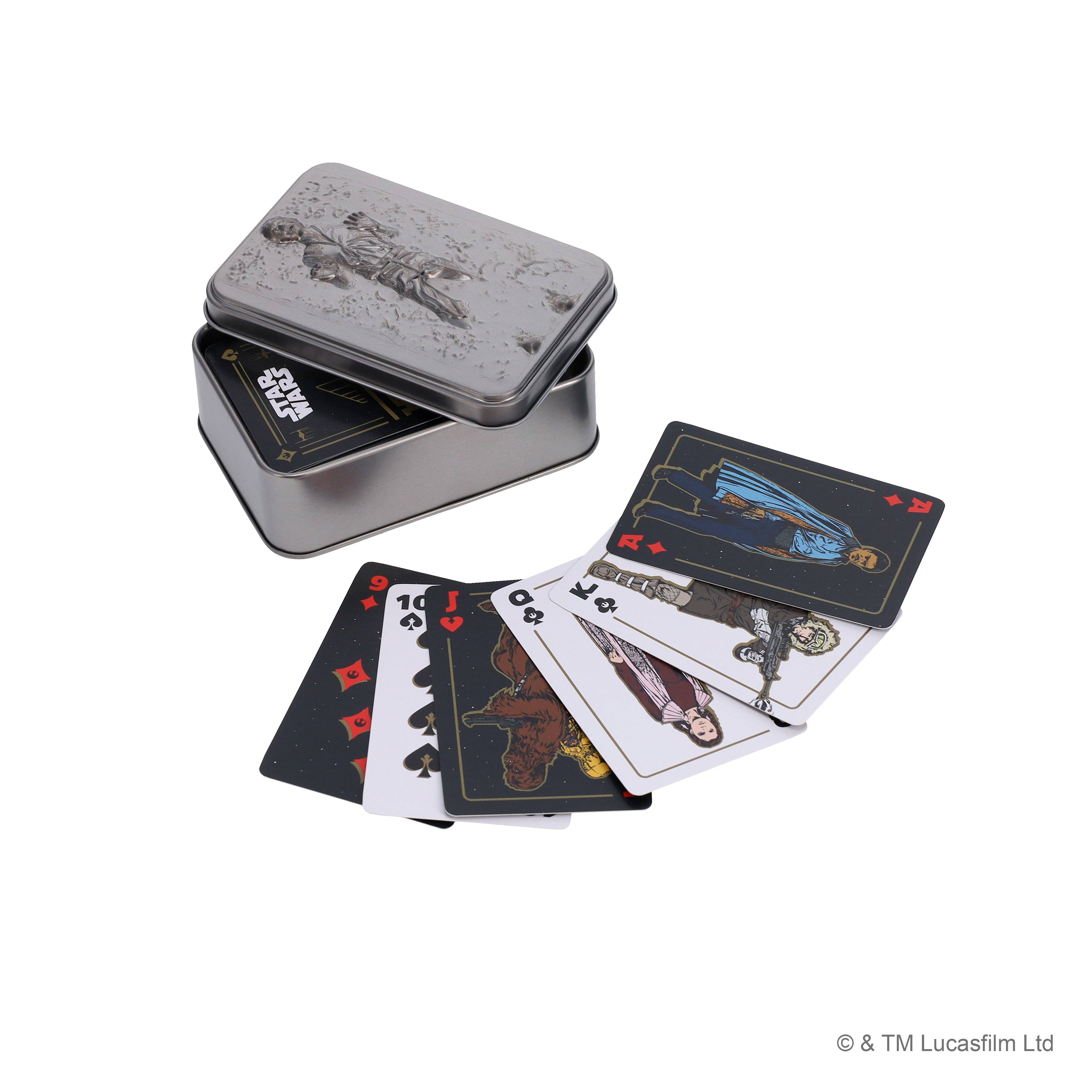 Star Wars Han Solo Solitaire Card Game and portable Han Solo carbonite tin displayed side by side.