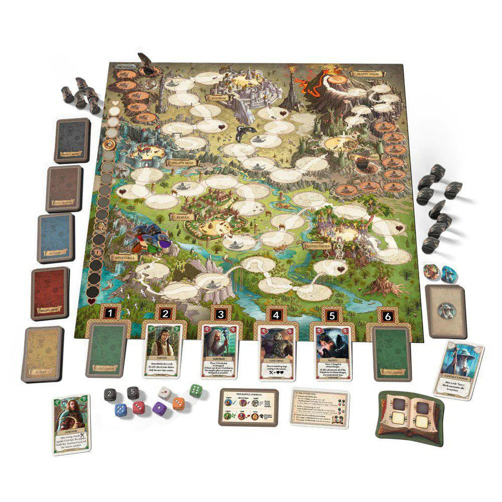 The Lord of the Rings Adventure to Mount Doom board game with cards, dice, tokens, and Mount Doom game board.