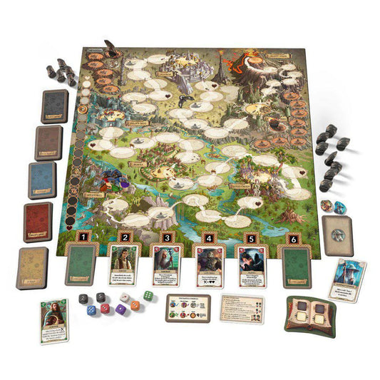 The Lord of the Rings Adventure to Mount Doom board game with cards, dice, tokens, and Mount Doom game board.