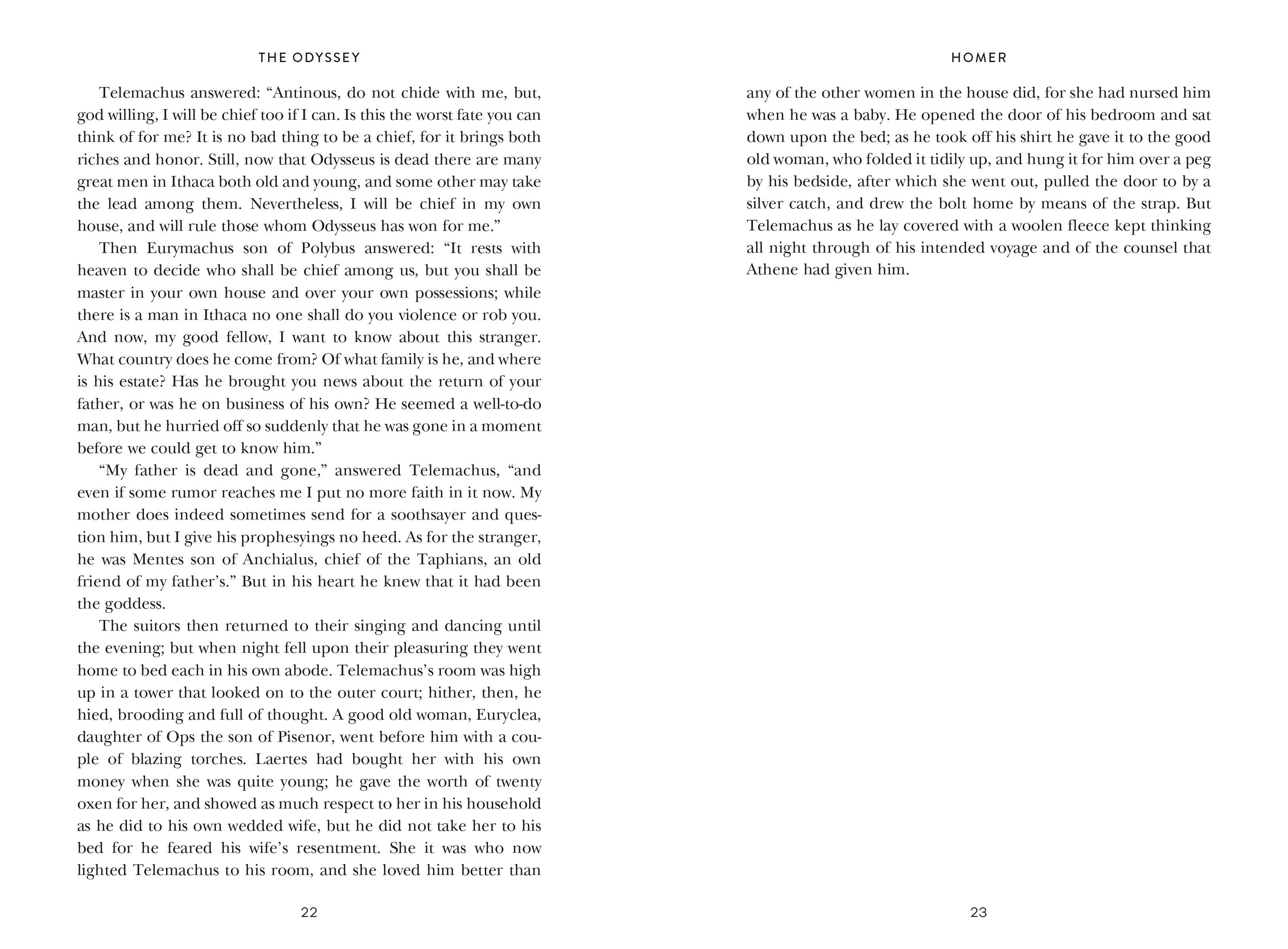 The Odyssey by Homer, Signature Clothbound Edition, open to pages 22–23.