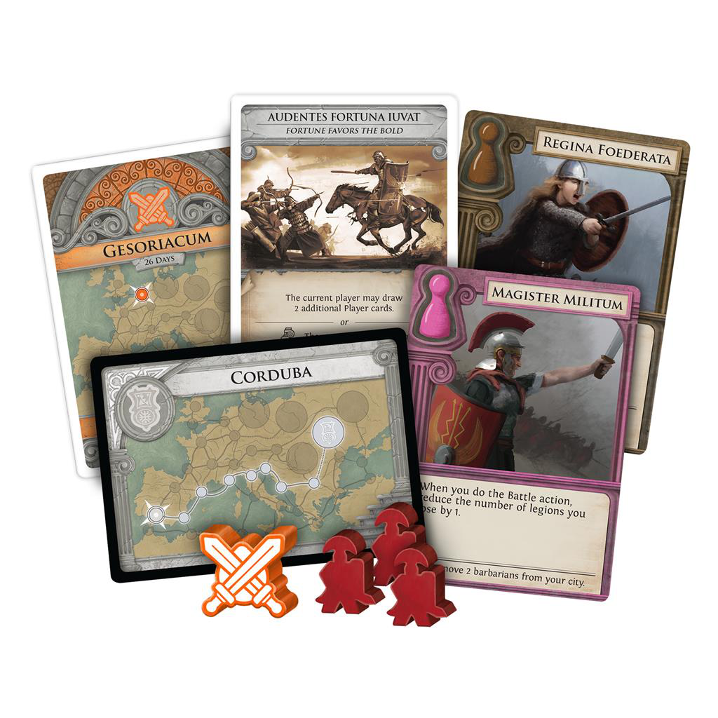 Pandemic Fall of Rome board game with illustrated cards, tokens, and meeples themed on Roman Empire battles.