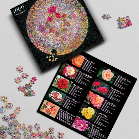Mandalic Rose 1000 Piece Jigsaw Puzzle with floral art and included rose guide sheet.