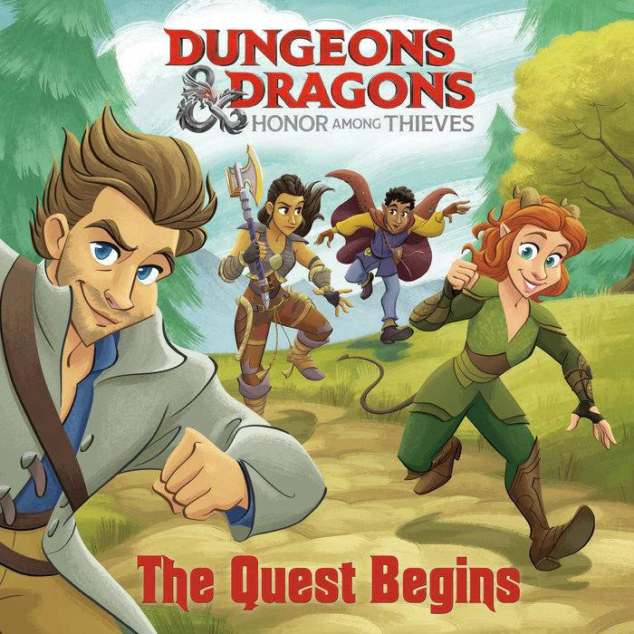 Dungeons & Dragons Honor Among Thieves The Quest Begins logo with four animated heroes running in a forest.