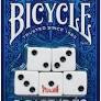 Bicycle Set of 10 D6 dice with five dice showing different numbers stacked in front of the box.