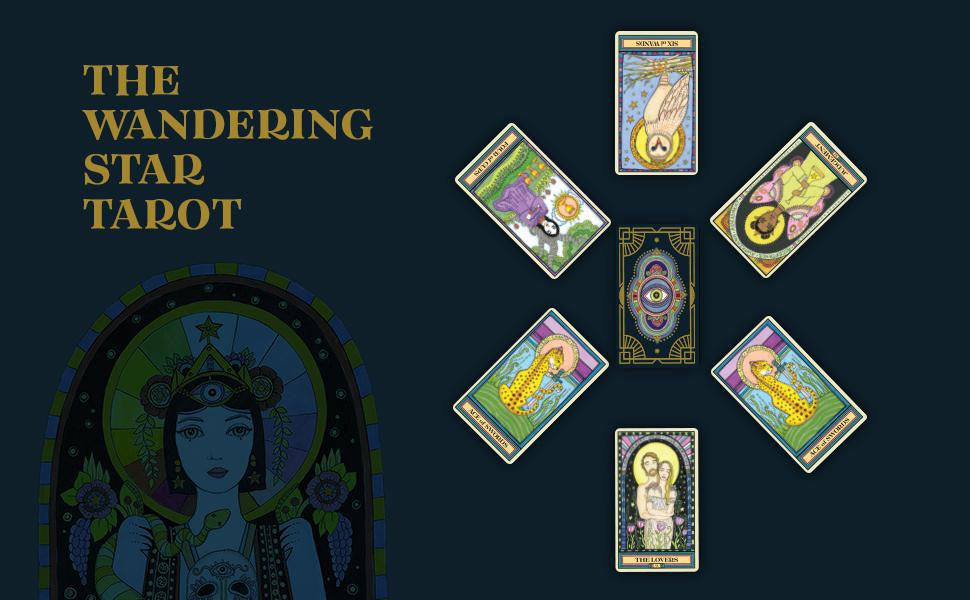 Wandering Star Tarot deck by Cat Pierce displayed with six tarot cards arranged around it.