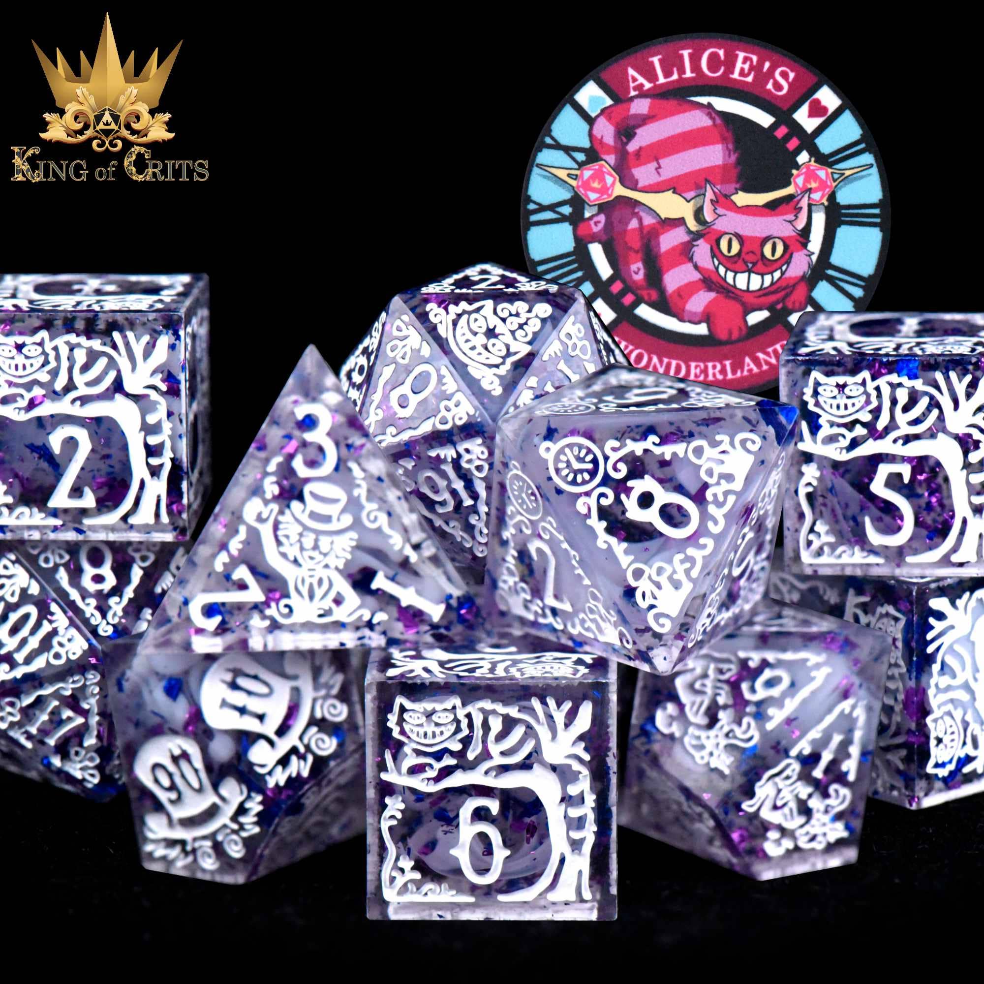 Alice’s Wonderland 11-dice set: sharp-edge, translucent, purple glitter, and white etched illustrations.