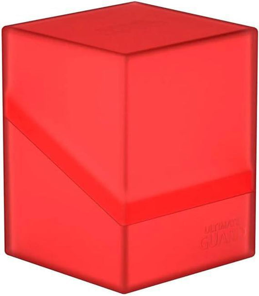 Deck Case Boulder 100+ translucent red deck box with diagonal lid and secure closure for trading cards.