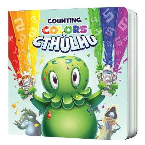 Counting, Colors & Cthulhu Board Book cover with cartoon Cthulhu holding paint bottles.