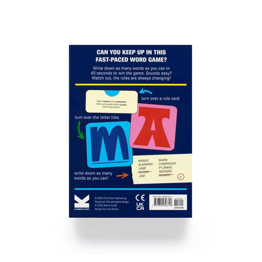 Alphabuzzle box back showing instructions, letter tiles, barcode, and gameplay explanation text.