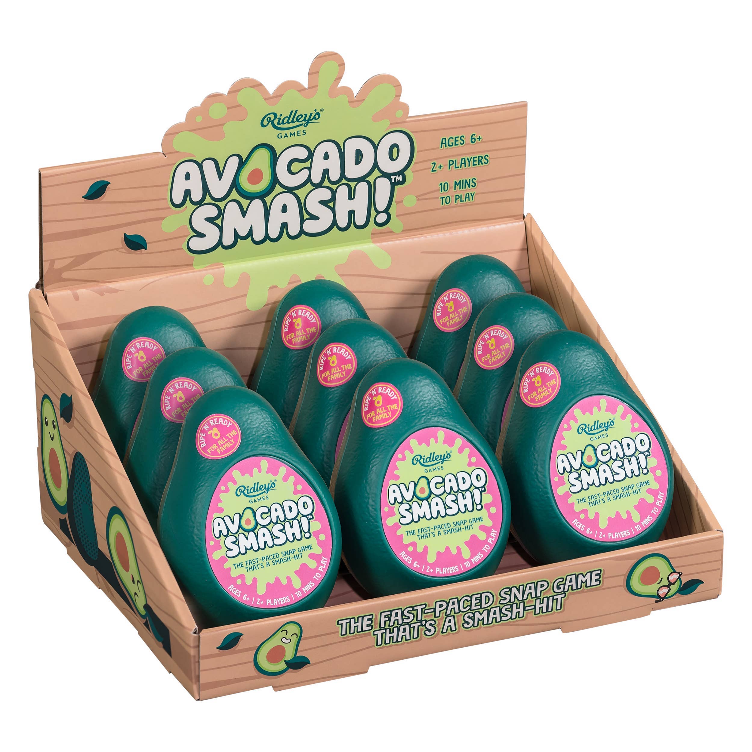 Avocado Smash CDU card game, avocado-shaped, in display box, for ages 6 and up.