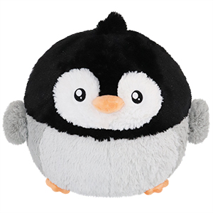 Round plush stuffed penguin with black, white, and gray fur, orange beak, and flipper wings.