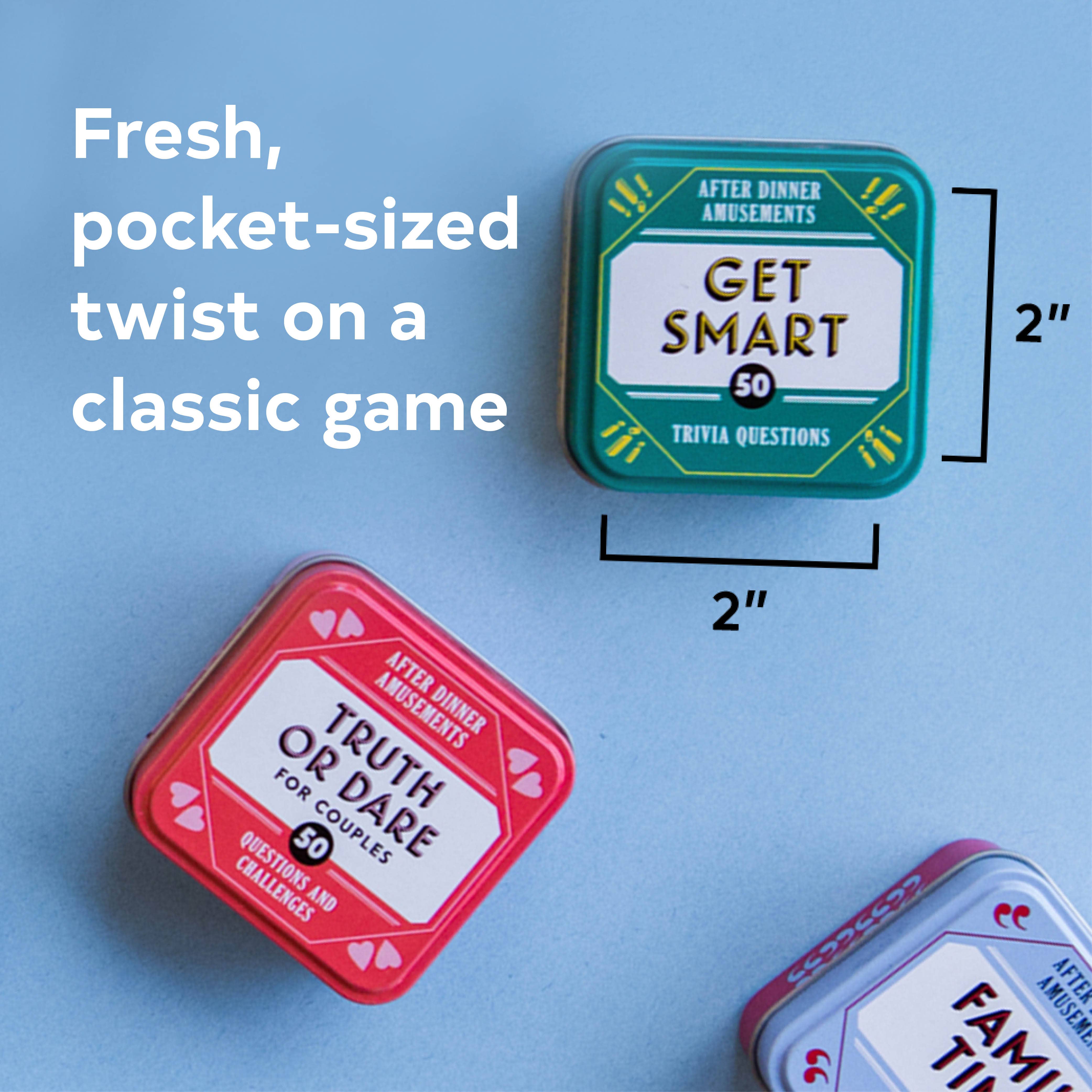 After Dinner Amusements: Truth or Dare for Couples game in a 2x2 inch tin.