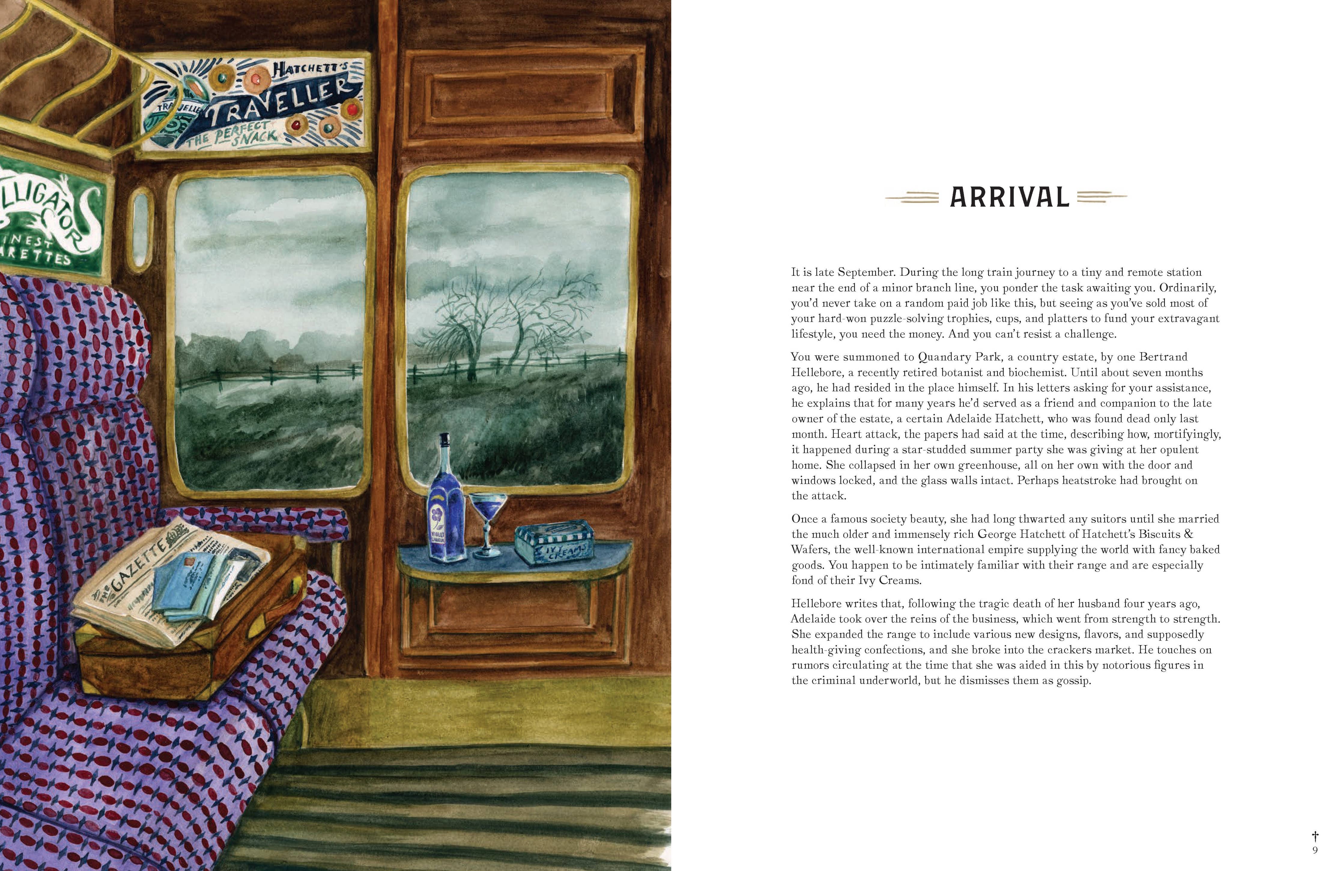 Murder Most Puzzling: Peril at Quandary Park puzzle box with illustrated train carriage scene.