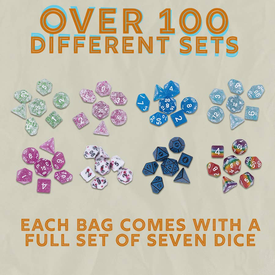 Set of 7 polyhedral Mystery Dice per bag; variety of over 100 different colorful sets available.