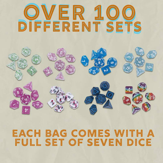 Set of 7 polyhedral Mystery Dice per bag; variety of over 100 different colorful sets available.