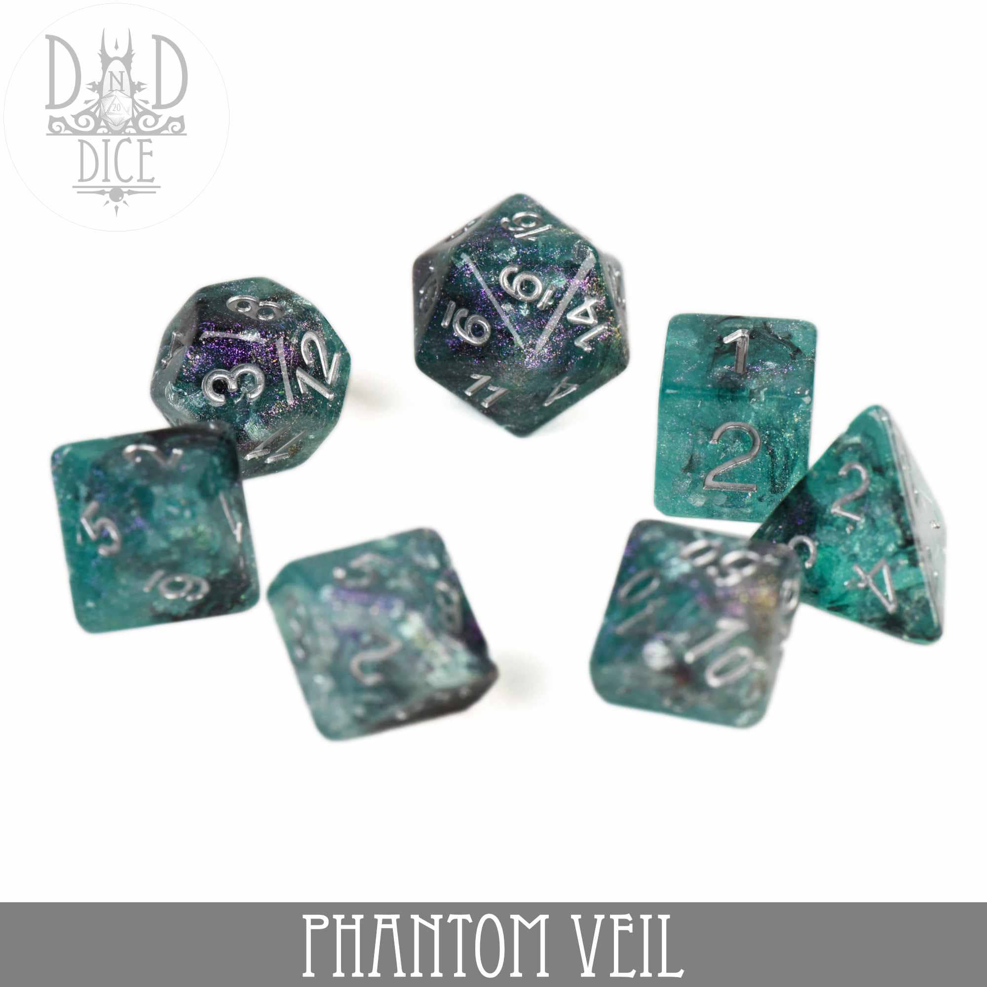 Set of 6 green and black resin dice with white numbers for Dungeons & Dragons, Phantom Veil variant.