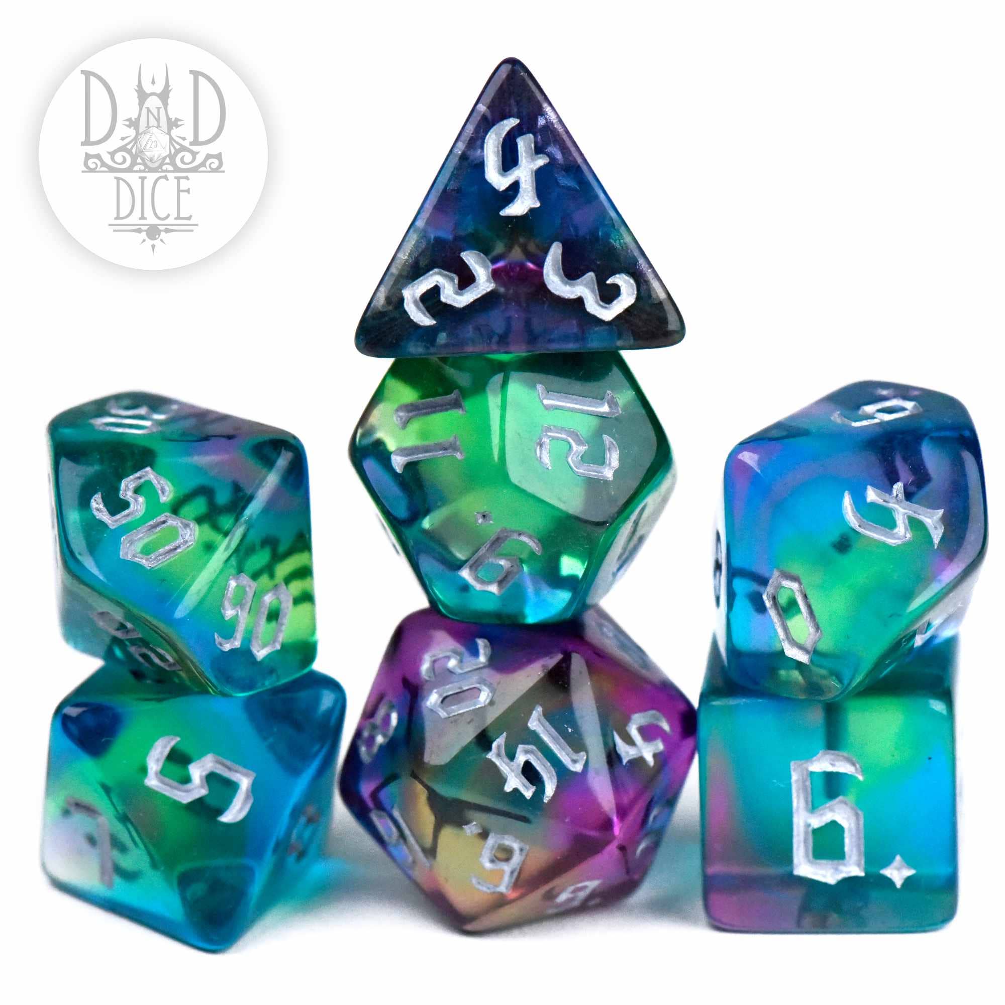 Alluring Aurora translucent acrylic polyhedral dice set with white numbers for tabletop gaming.