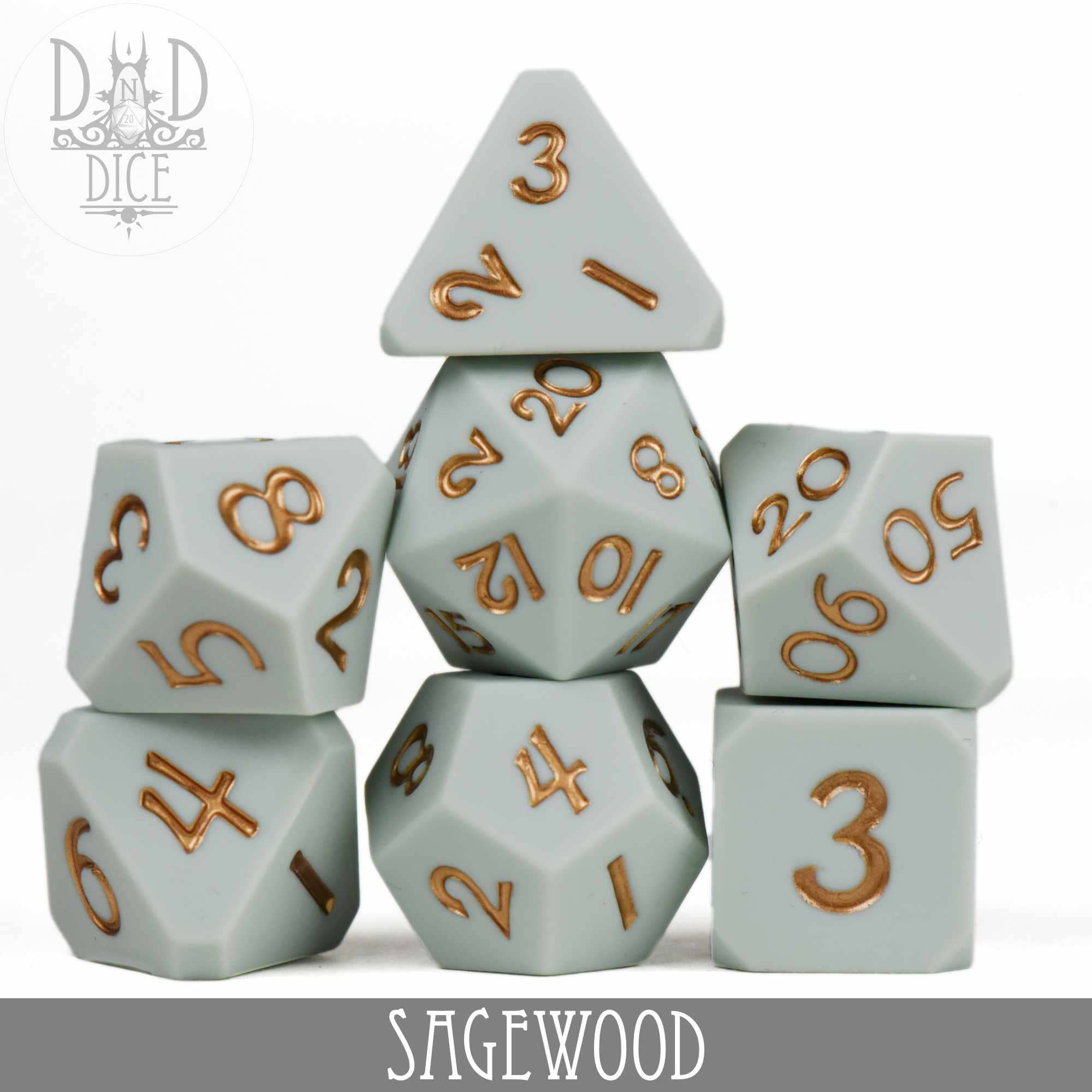 Sagewood 7-dice RPG set, light green silicone with gold numbers. Dice are stacked in a pyramid.