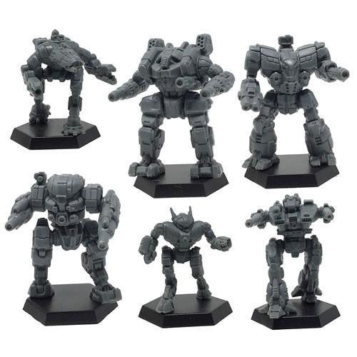 Six gray BattleTech: Comstar Battle Level II miniatures with weapons on black hex bases.