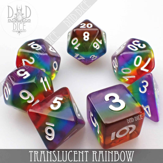 Translucent Rainbow 7-piece translucent resin dice set with white numbers.