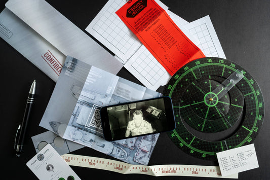 Family Secrets Series: Episode 2 - Missing Person game pieces on a dark surface.