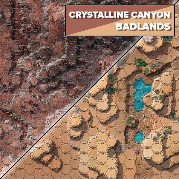 BattleTech: Battle Mat—Alien Worlds: Crystalline Canyon/Badlands with rocky red terrain, sandy cliffs, and blue pools.