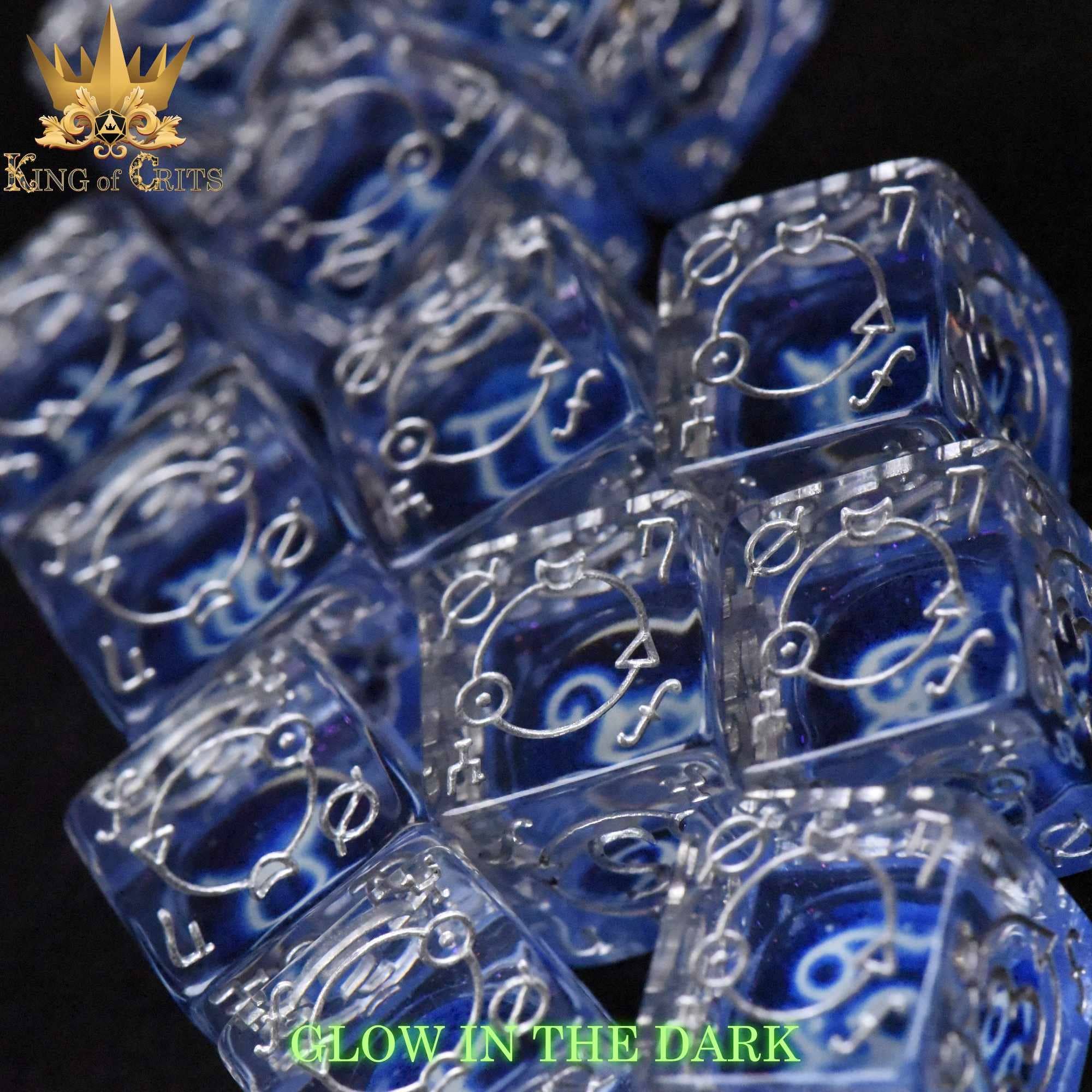 Zodiac Pack 12D6 Dice Set: clear, glow-in-the-dark dice with glowing runes and King of Crits logo.
