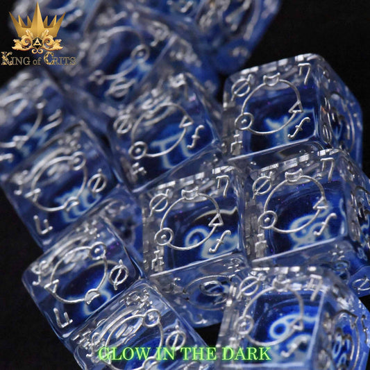 Zodiac Pack 12D6 Dice Set: clear, glow-in-the-dark dice with glowing runes and King of Crits logo.
