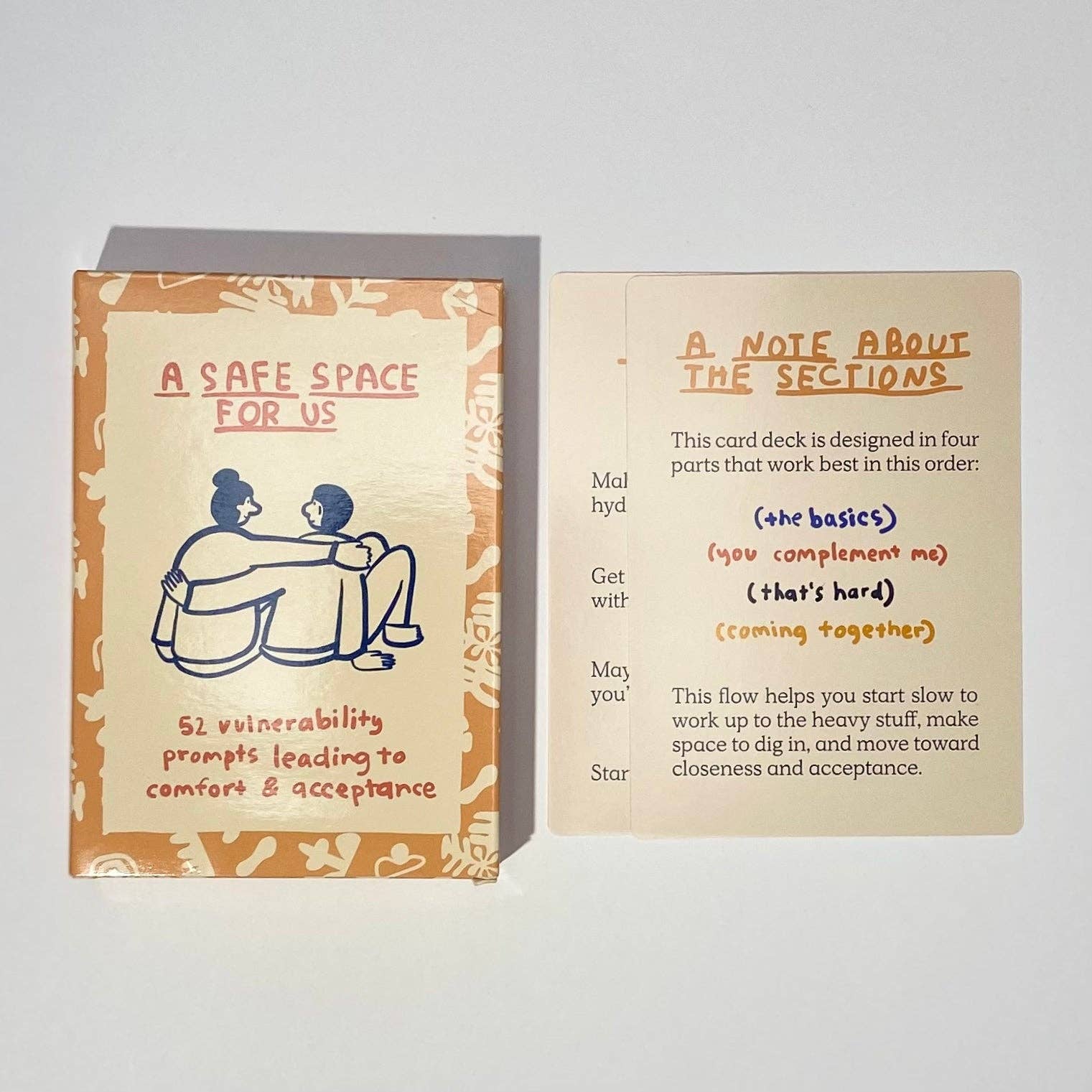 A Safe Space For Us Deck couples card game featuring prompts about comfort, acceptance, and vulnerability.