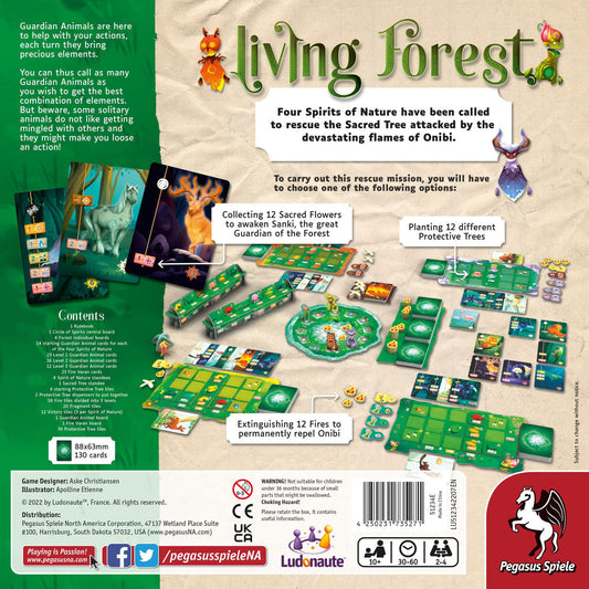 Back of Living Forest box displaying game components and illustrations of nature spirits.