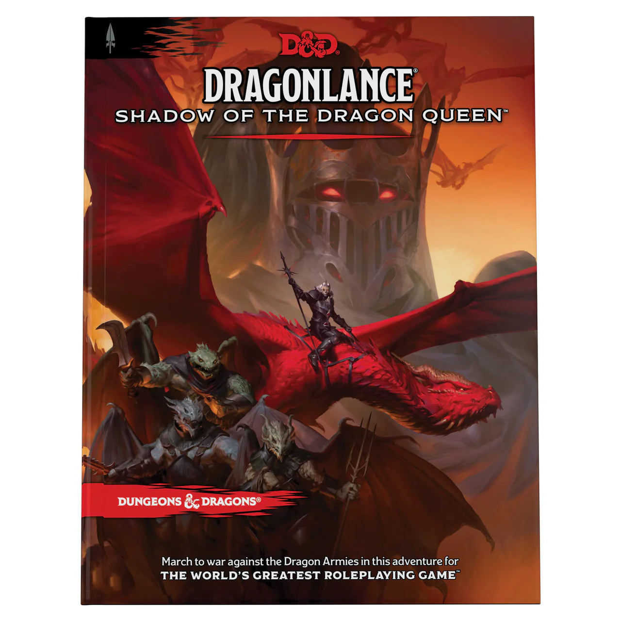 Dragonlance: Shadow of the Dragon Queen cover featuring armored warriors and a red dragon before a blazing stronghold.