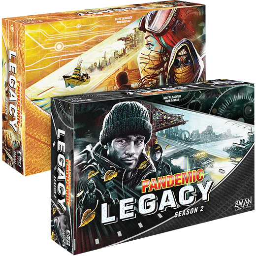 Two Pandemic Legacy: Season 2 (Black Edition) board game boxes.