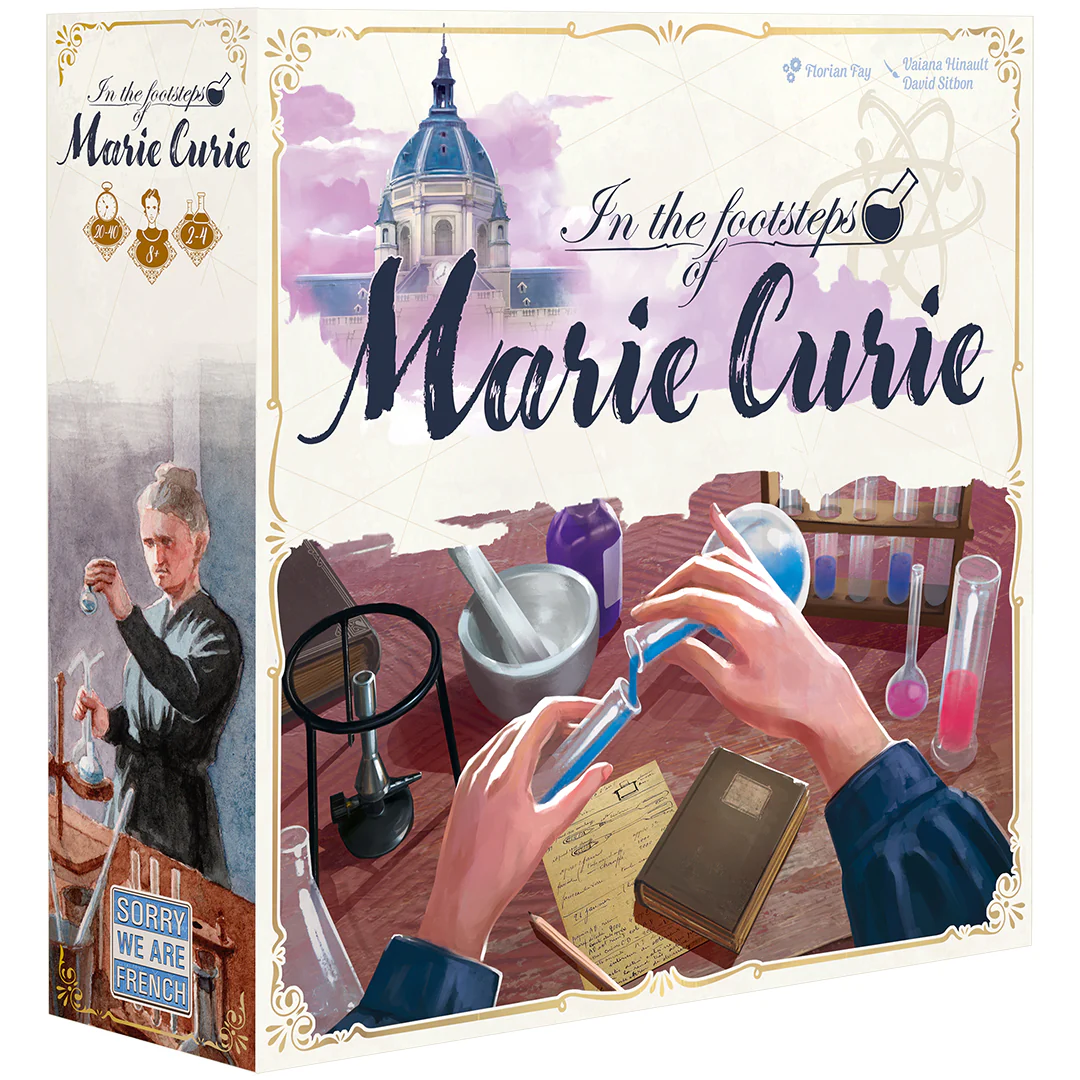 In the Footsteps of Marie Curie board game featuring lab equipment and science notes.