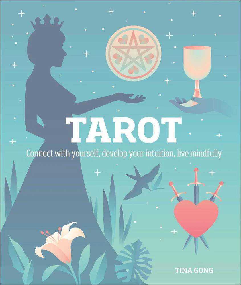 Tarot by Tina Gong with silhouette of crowned woman, tarot cards, flowers, and bird.