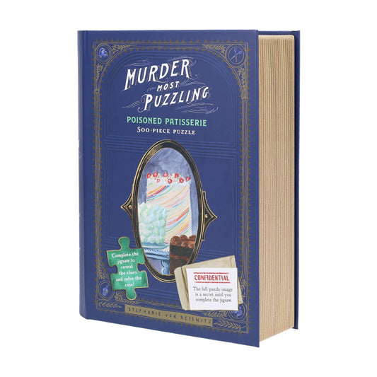 Murder Most Puzzling: Poisoned Patisserie, 500-piece puzzle shaped like a vintage book with cake design.