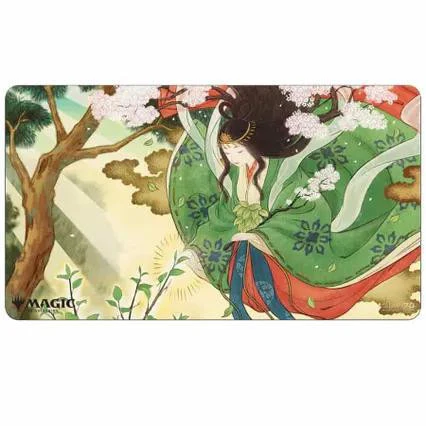 Regrowth Japanese Alt Art Playmat for Magic: The Gathering featuring anime-style woman in green kimono under cherry blossoms.