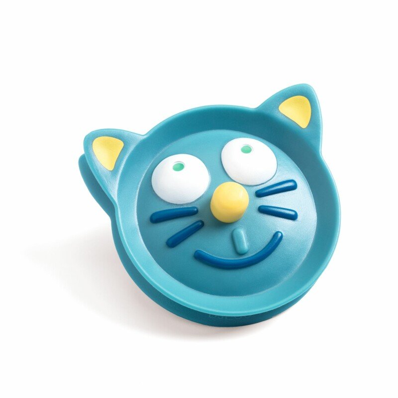 Blue cat-shaped silicone plate with a yellow and white face, Kid Card Holder Djeco Special Edition inspired.