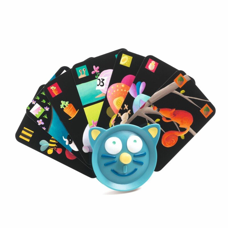Kid Card Holder Djeco - Special Edition shaped like a cat, displayed with colorful illustrated cards.