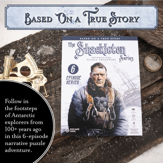 Shackleton Series: Escape Game box with navigation tools on wood and snow in the background.