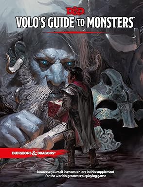 Volo’s Guide to Monsters cover showing a man reading before a horned blue creature.