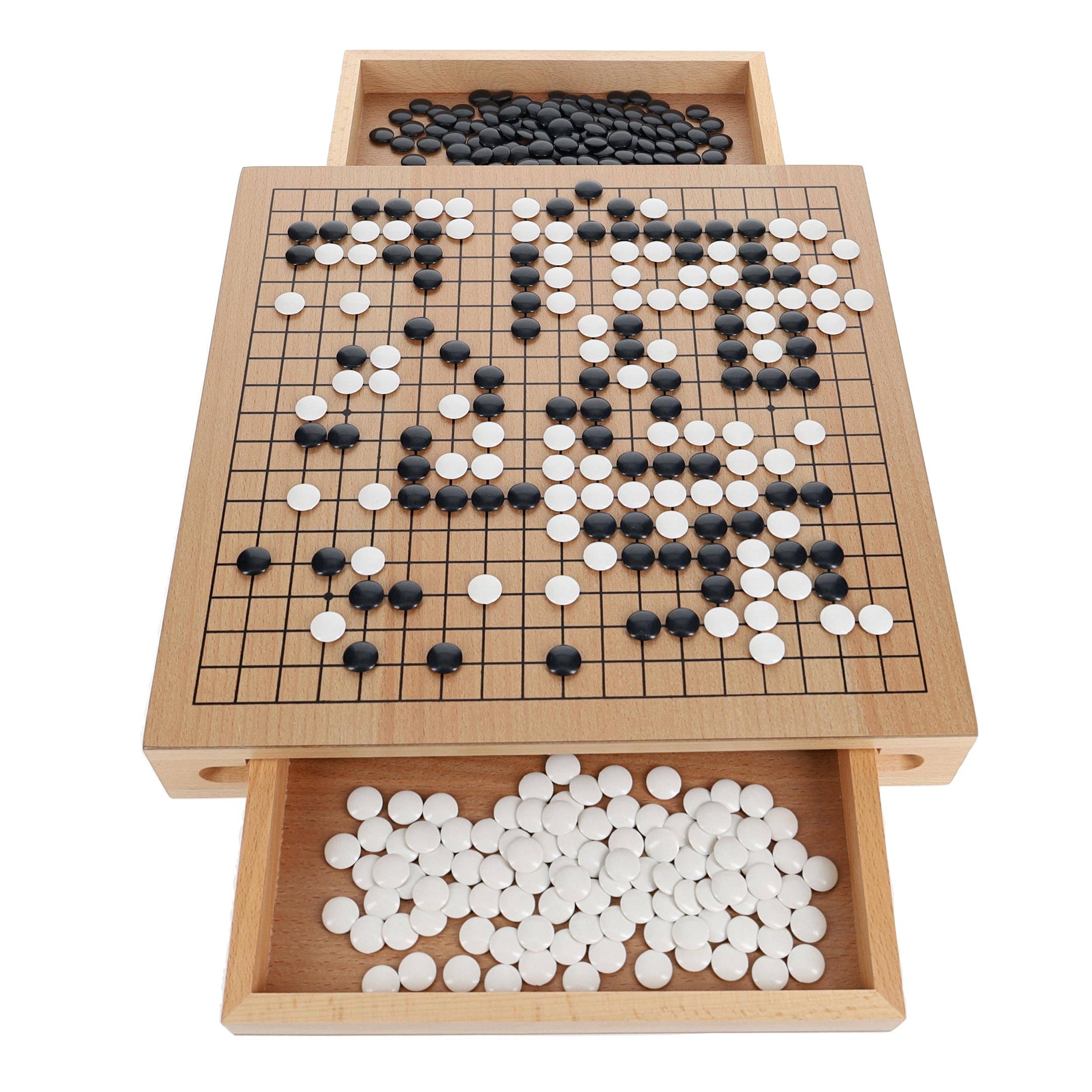 Wood GO Set, 12 in. board with wood veneer, black and white stones, and storage drawers for extra pieces.