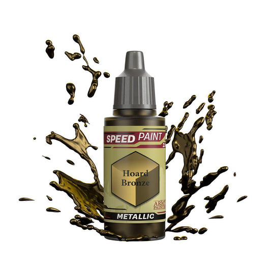 Army Painter Speedpaint bottle, Hoard Bronze variant, with bronze paint splashes on a white background.